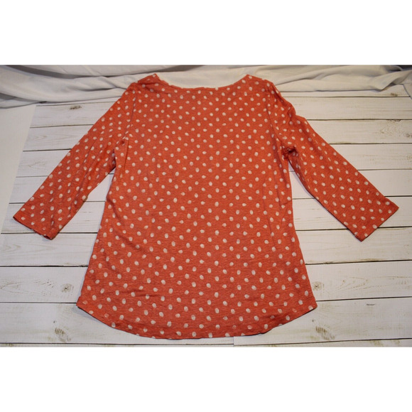 Orvis Women's L Orange Polka Dot T-Shirt 100% Linen 3/4" Sleeve Pocket RoundNeck - Picture 5 of 7